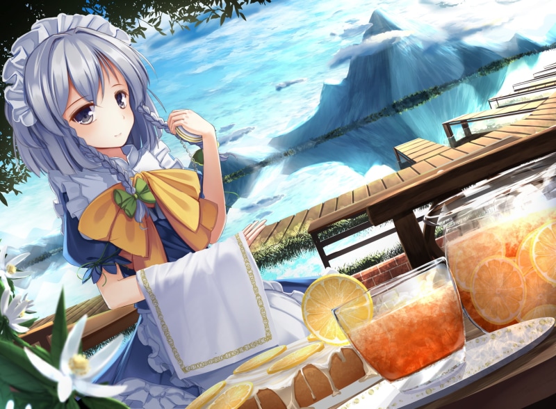 Mountain, Cloud, Short Hair, Braid, Smile, Headband, 1080P, Maid, bow (Clothing), White Hair, Sakuya Izayoi, Drink, Purple Eyes, Touhou, Sky, Anime