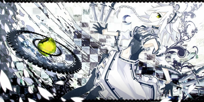 green, maid, izayoi, hair, touhou, kusakanmuri, 720P, petals, eyes, knife, sakuya, white, gloves, weapon, apple, short