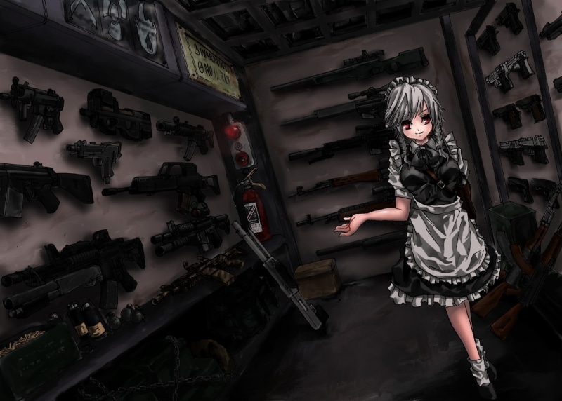 red, sakuya, maid, weapon, eyes, apron, 1080P, touhou, rook777, gun, terabyte, izayoi, hair, gray
