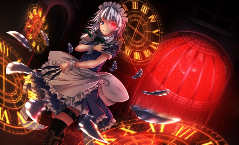 gray, braids, dress, maid, sakuya, red, bicolored, knife, headdress, touhou, izayoi, hair, 720P, eyes, wristwear, thighhighs, ddfftasogare, weapon, blue