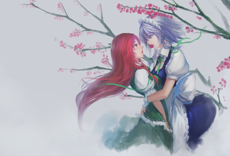 meiling, braids, blue, eyes, yuri, 2K, red, cherry, touhou, girls, sakuya, hug, long, gray, cleavage, hair, izayoi, maid, food, hong