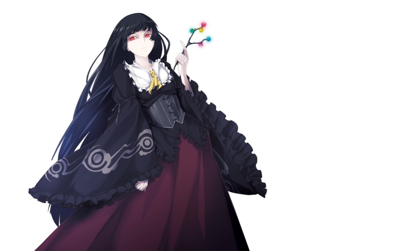 Mazeran, ruffles, sprig, crinoline, Touhou Project, black dress, long hair, Houraisan Kaguya, red eyes, corset, art, Project East, white background, 1080P