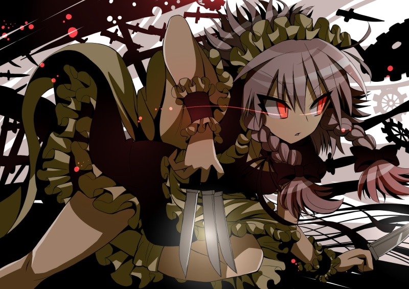 izayoi, maid, red, knife, dress, sakuya, eyes, touhou, 1080P, braids, gibuchoko