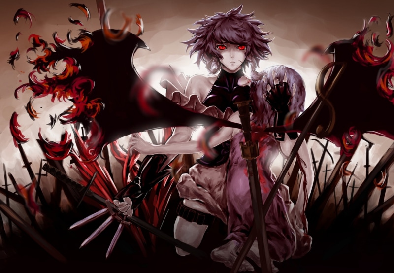 hair, weapons, blood, red, sakuya, girls, short, 1080P, anime, maids, eyes, touhou, knives, remilia, scarlet, izayoi, wings, swords