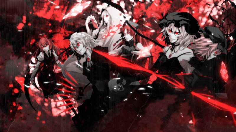skulls, tie, eyes, crystals, books, hair, pendant, black, long, games, touhou, weapons, short, gloves, 1080P, video, izayoi, cleavage, abstract, redheads