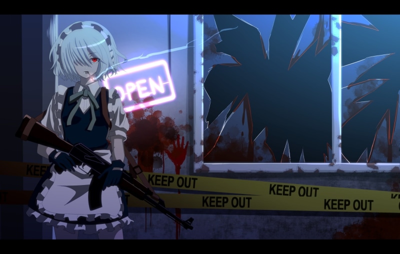 red, touhou, gray, sakuya, tomon, hair, cigarette, blood, izayoi, slash0410, gun, short, eyes, maid, dress, gloves, weapon, apron, 720P
