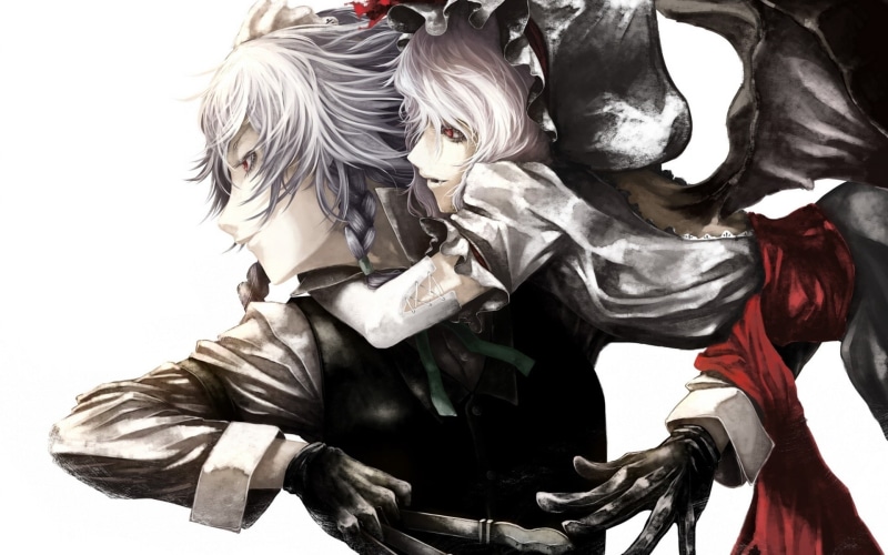 weapons, touhou, gloves, sakuya, wings, games, izayoi, red, 1080P, ribbons, hair, short, vampires, maids, eyes, video