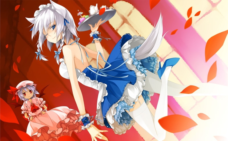 eyes, wink, red, reina, petals, dress, sakuya, foxgirl, black, spider, remilia, wings, scarlet, 720P, izayoi, tail, thighhighs, vampire, touhou, maid