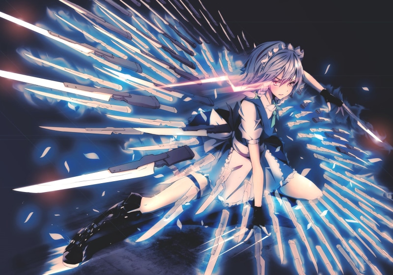 eyes, izayoi, blush, weapon, gloves, short, headdress, 720P, hair, sakuya, dress, maid, knife, red, touhou, white, merontomari