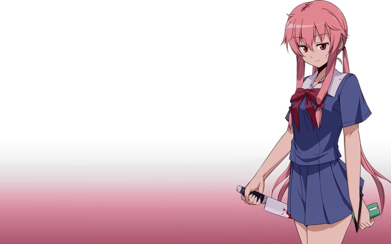 720P, Gasai Yuno, blood, adult, Mirai Nikki, nature, red, clothing, standing, beautiful woman, beauty, three quarter length, women, anime girls, lifestyles