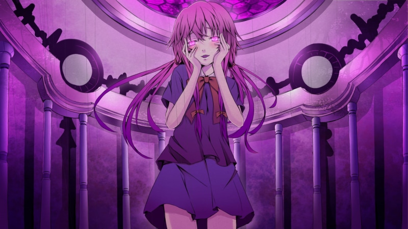 people, bows, portrait, religion, gasai yuno, church, character, one person, hairstyle, architecture, arts culture and entertainment, mirai nikki, pink color