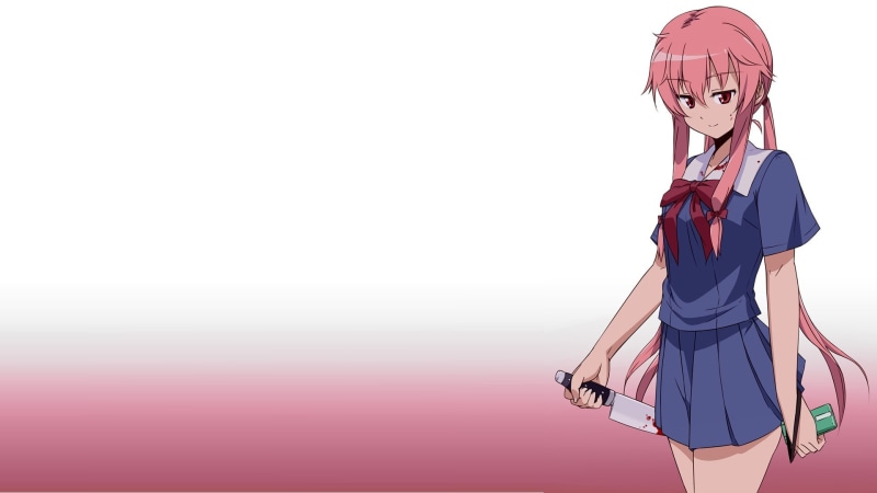 anime, red eyes, Mirai Nikki, blood, 1080P, Gasai Yuno, pink hair, anime girls, knife, simple background