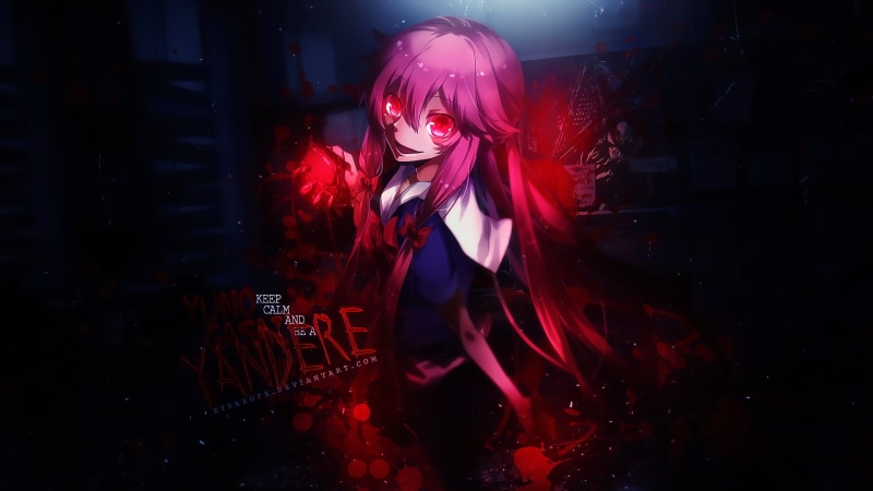 anime, red eyes, Mirai Nikki, blood, Gasai Yuno, anime girls, 1080P