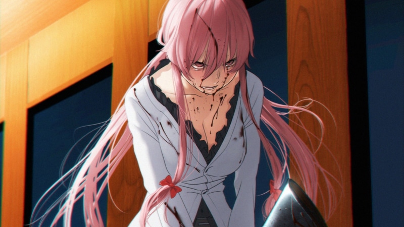 illustration, top, gray, woman, Yuno Gasai, Anime, wearing, Blood, Mirai Nikki, 1080P