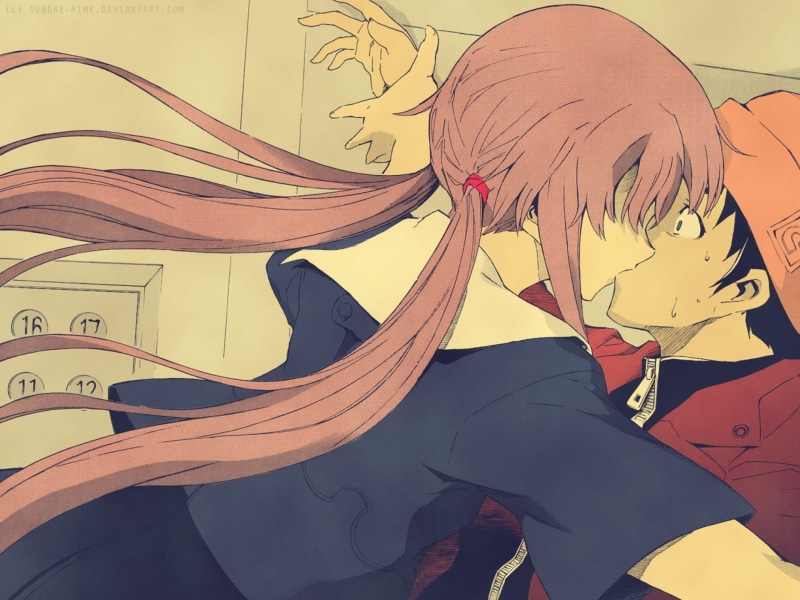 gasai, amano, nikki, mirai, yukiteru, hair, yuno, pink, hats, twintails, anime, boys, 2K, future, girls, diary, kissing