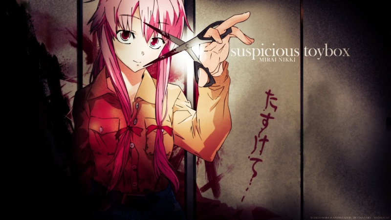 Blood, Pink Eyes, Future Diary, Pink Hair, Yuno Gasai, Scissors, Anime, 1080P, Twintails, Mirai Nikki, bow (Clothing), Long Hair