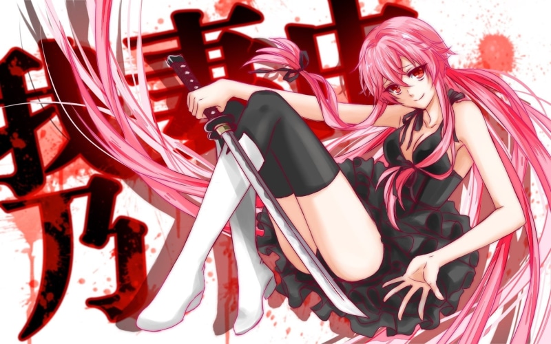black, Sitting, Red Eyes, Pink Hair, Katana, Thigh Highs, occupation, Anime, relaxation, Mirai Nikki, women, Dress, leisure activity, real people, young adult