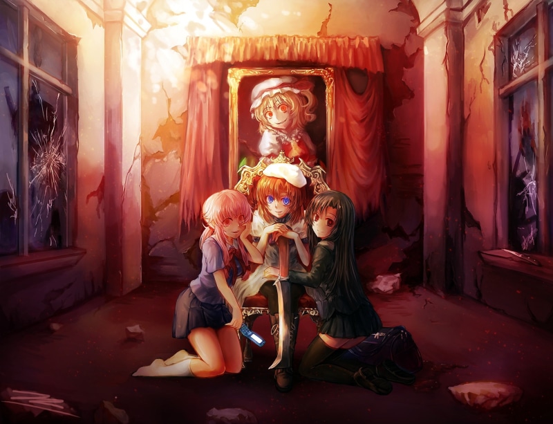 days, flandre, sword, mirai, gasai, rena, touhou, freeze ex, knife, kotonoha, 1080P, weapon, phone, crossover, ryuuguu, school, katsura, yuno, scarlet