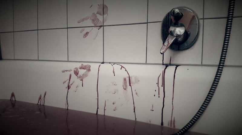 bloody, graffiti, psychopath, indoors, bath, men, tiles, wall - building feature, criminal, murder, adult, flooring, domestic bathroom, bathroom, tiled floor