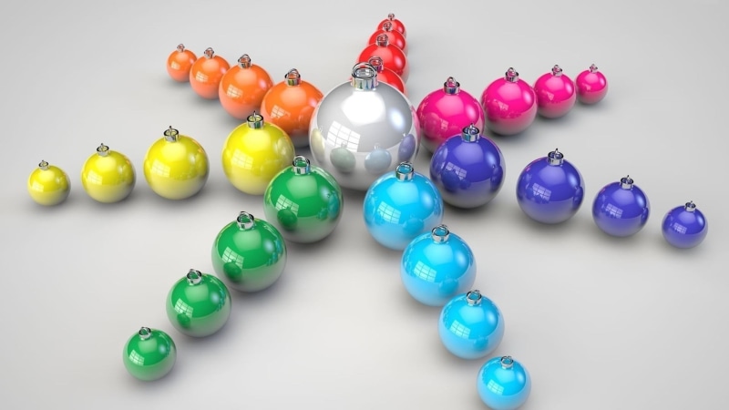 Christmas ornaments , table, white background, CGI, lot, reflection, colorful, digital art, 1080P, blue, arrangement, variation, order, directly above