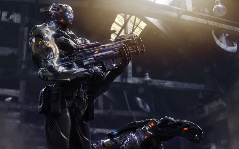 protection, digital art, aggression, gun, render, technology, CGI, day, weapon, mode of transportation, armor, cyborg, 1080P, security, indoors, futuristic