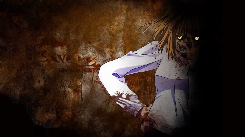blood, video, pupils, type moon, bangs, teeth, tsukihime, yellow, blondes, dark, hip, slit, hand, face, glowing, 1080P, grin, eyes, hands, brunestud, hair