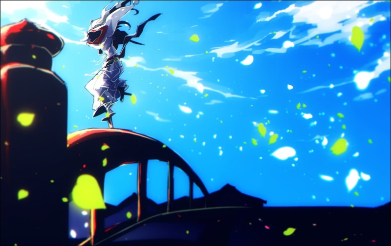 outdoors, water, built structure, illuminated, painting, men, nature, Touken Ranbu, lifestyles, 720P, blue, sky, underwater, architecture, black, low angle view