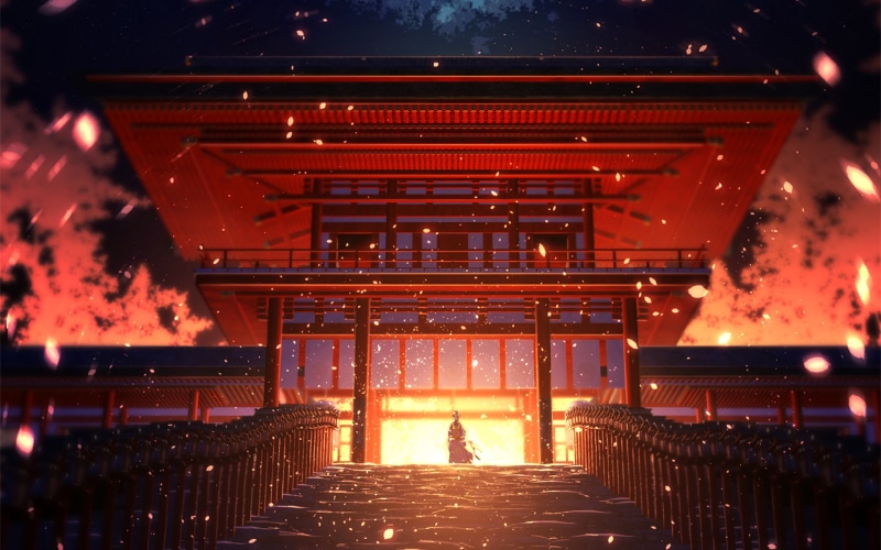 anime, 1080P, Touken Ranbu, shrine, fire