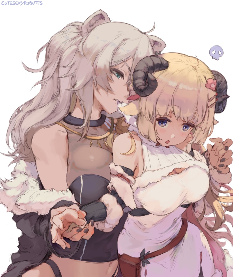 anime, yuri, artwork, 2D, white background, VTubers, illustration, cutesexyrobutts, Hololive, long hair, two women, 5K, biting clothes, fantasy girl, horns
