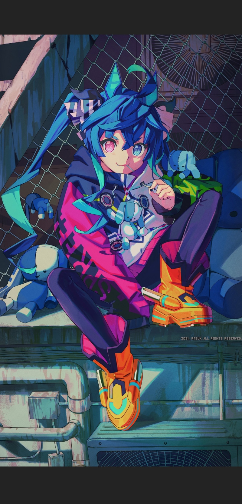 casual, animal ears, hooded jacket, ahoge, fangs, loli, bangs, sitting, blue eyes, twintails, lolipop, 4K, pink eyes, anime, heterochromia, hair ribbon