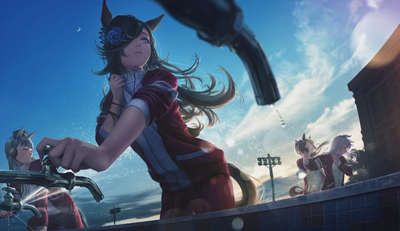 parted lips, brunette, Tokai Teio (Uma Musume), red panda, smile, open mouth, long hair, rolled sleeves, silver hair, anime, looking back, water drops