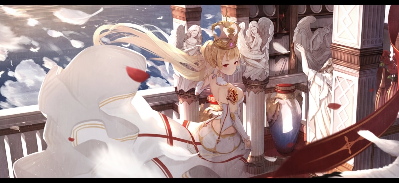 2D, Chika Toriumi, anime, drawing, earring, books, white dress, crown, braided hair, red eyes, long hair, fantasy art, dress, artwork, blonde, looking away