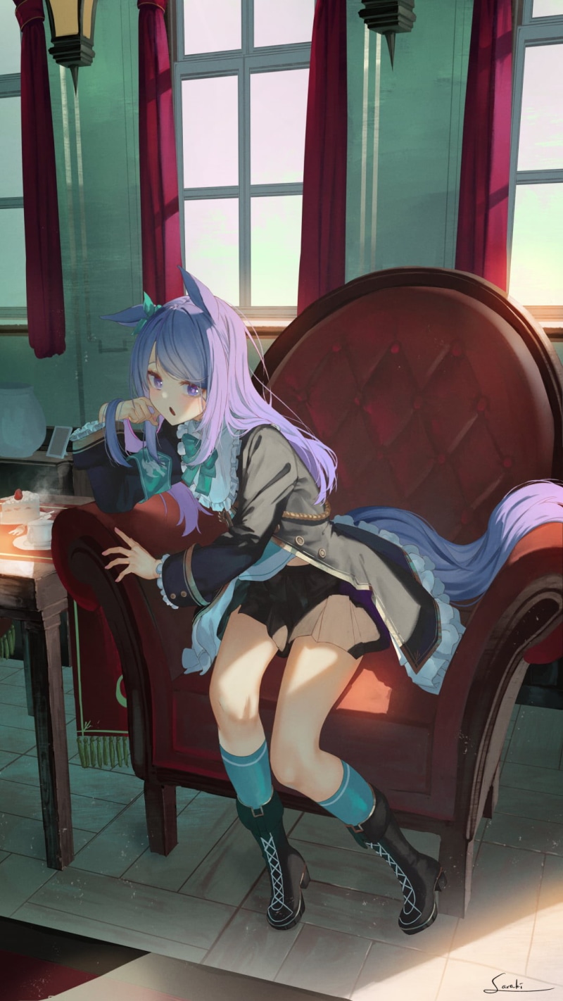 2D, black jackets, anime girls, purple eyes, blue socks, artwork, strawberries, cake, miniskirt, fan art, Saraki, pink nails, animal ears, blushing, women indoors