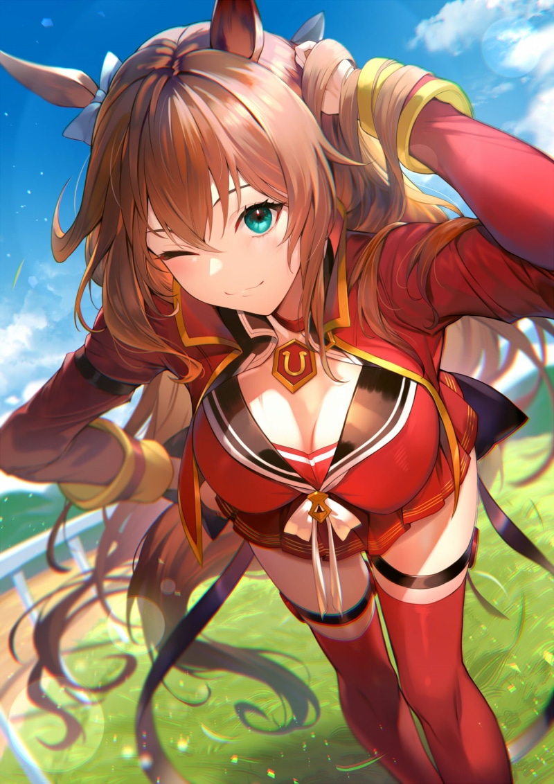 smiling, anime girls, artwork, anime, wink, bangs, 2D, looking at viewer, Uma Musume Pretty Derby, thigh-highs, vertical, portrait display, fan art, illustration