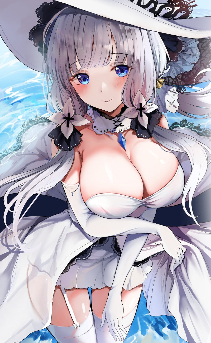 white hair, illustration, blue eyes, elbow gloves, white stockings, Sak, Azur Lane, 2D, vertical, video game girls, cleavage, garter straps, anime, bare shoulders