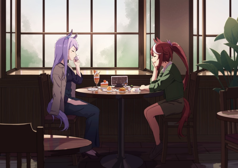 long hair, Mejiro McQueen (Uma Musume), fan art, drinking, bicolored hair, brunette, Tokai Teio (Uma Musume), purple hair, hair ribbon, ponytail, 4K, carrots