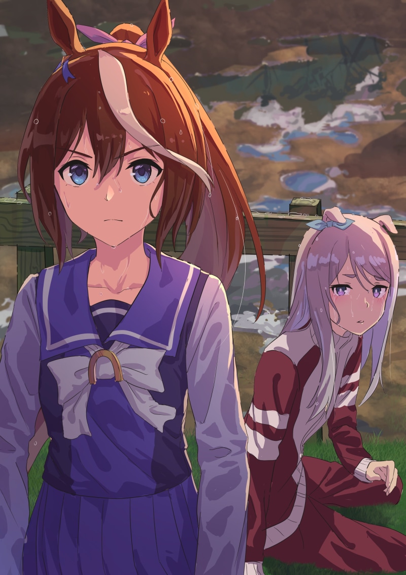 blue eyes, parted lips, pleated skirt, long hair, ponytail, Mejiro McQueen (Uma Musume), anime girls, fan art, blushing, wet hair, water drops, tracksuit
