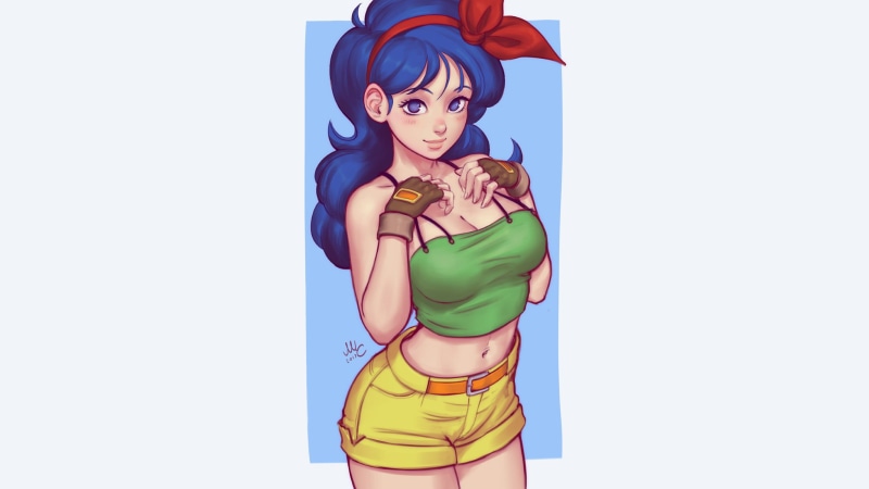 tank top, blue hair, portrait, fan art, simple background, digital art, smiling, headband, white background, cleavage, Dragon Ball, blushing, minimalism