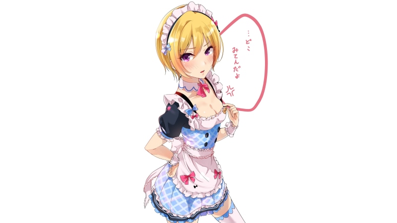 drawing, 2D, dress, purple eyes, cleavage, illustration, Murabito Toufuten, blushing, 2K, short hair, anime girls, women, looking at viewer, apron, thigh-highs