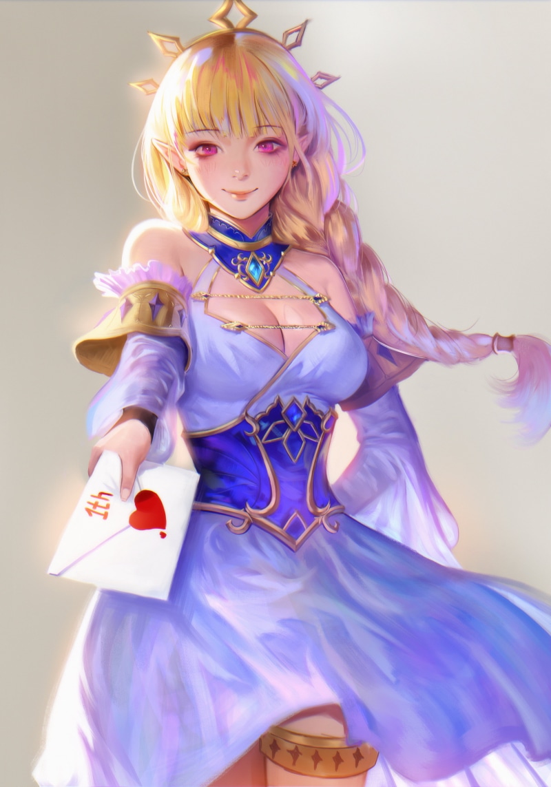 smiling, digital art, drawing, Seungyoon Lee, letter, dress, fan art, pink eyes, cleavage, long hair, blonde, Heart (Design), anime girls, elves, 2K, fantasy girl