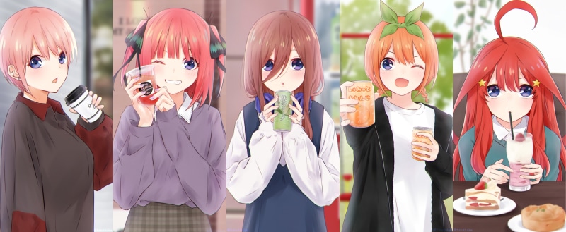 arms up, Nakano Itsuki, anime girls, 2D, white t-shirt, purple nails, 5K, pink hair, drinking straw, one eye closed, bangs, drinking, short hair, Nakano Yotsuba