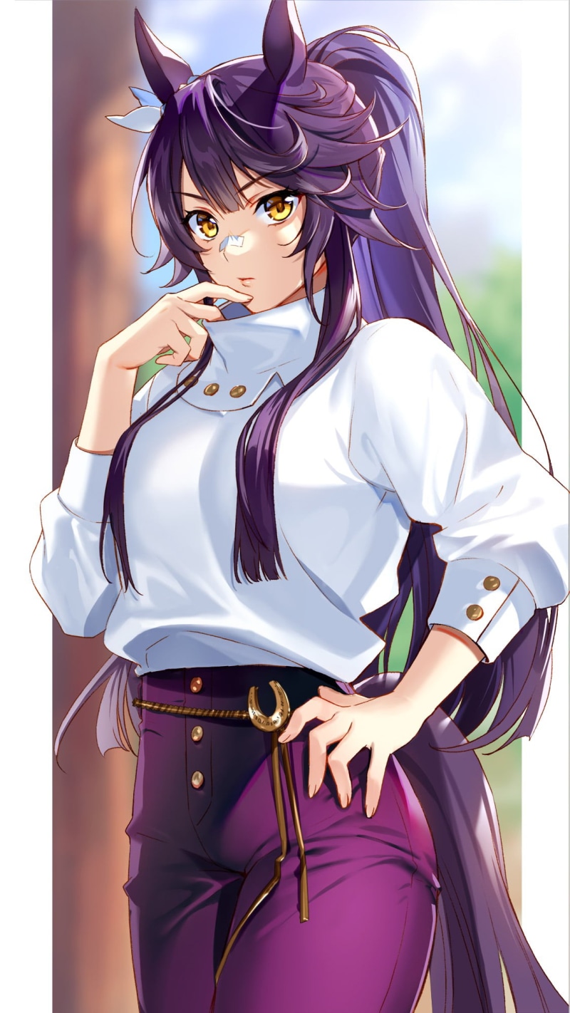 hands on hips, blurry background, standing, bangs, alternate costume, ponytail, vertical, solo, artwork, white sweater, Uma Musume Pretty Derby, tail, thighs