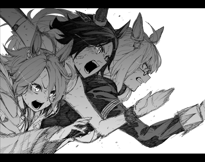open mouth, clenched teeth, three women, glowing eyes, women with glasses, anime girls, blushing, animal ears, 1080P, Band-Aid, horse girls, meganekko