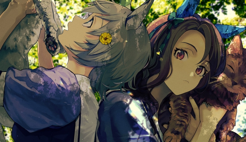 Seiun Sky (Uma Musume), anime, sunflowers, blue eyes, artwork, Uma Musume Pretty Derby, King Halo (Uma Musume), paws, 2K, flower in hair, anime girls