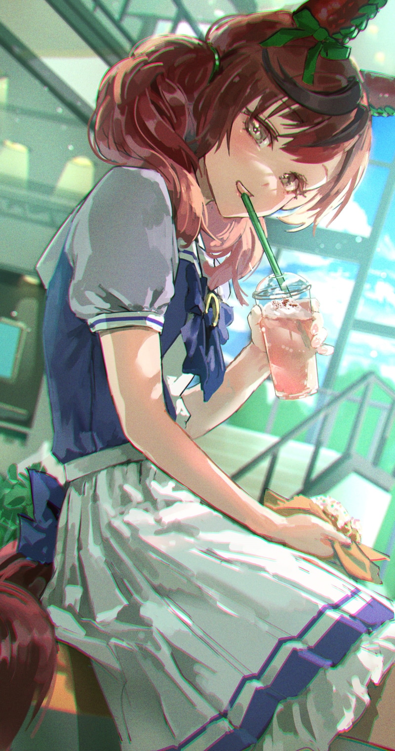 horse girls, anime, women indoors, 2D, brunette, 2K, brown eyes, vertical, blushing, artwork, drinking, looking at viewer, long hair, anime girls, Nice Nature (Uma Musume)
