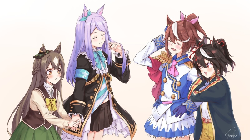 blushing, Uma Musume Pretty Derby, 1080P, open jacket, frills, long hair, Satono Diamond (Uma Musume), brunette, Kitasan Black (Uma Musume), hugging, 2D