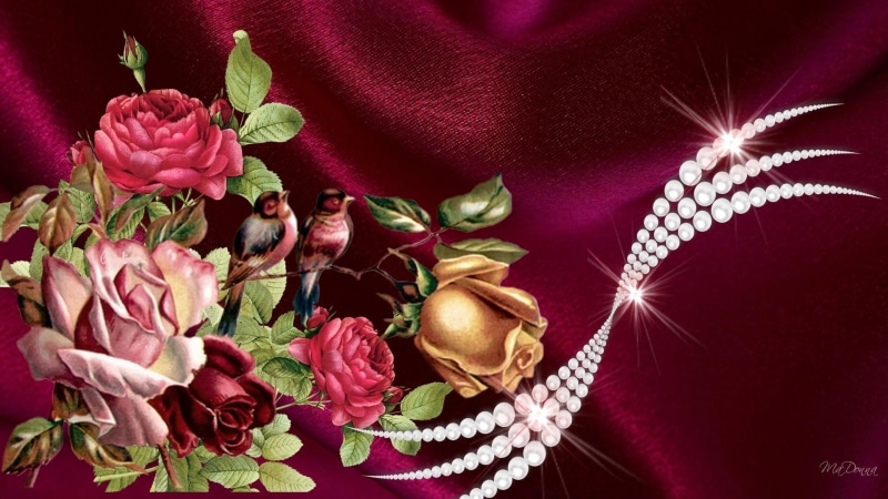 firefox persona, roses, silk, pearls, satin, flowers, stars, 3d and abstract, sparkle, birds, 1080P, vintage, jewels