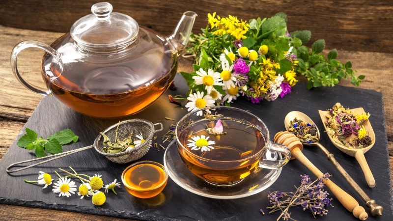 food, hot drink, high angle view, chamomile, tea, crockery, flower, tea - hot drink, wood - material, freshness, herbal tea, wellbeing, chamomile tea, cup