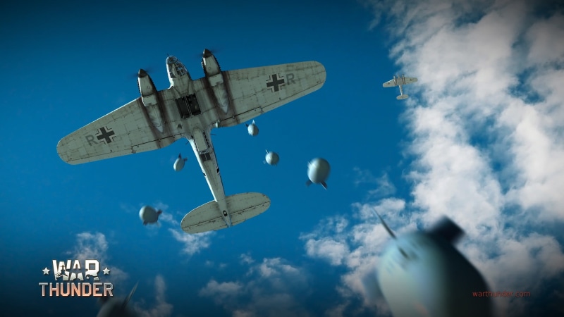 airplane, group of objects, low angle view, sky, on the move, overlay, War Thunder, mid-air, video games, Bomber, travel, military aircraft, text, day