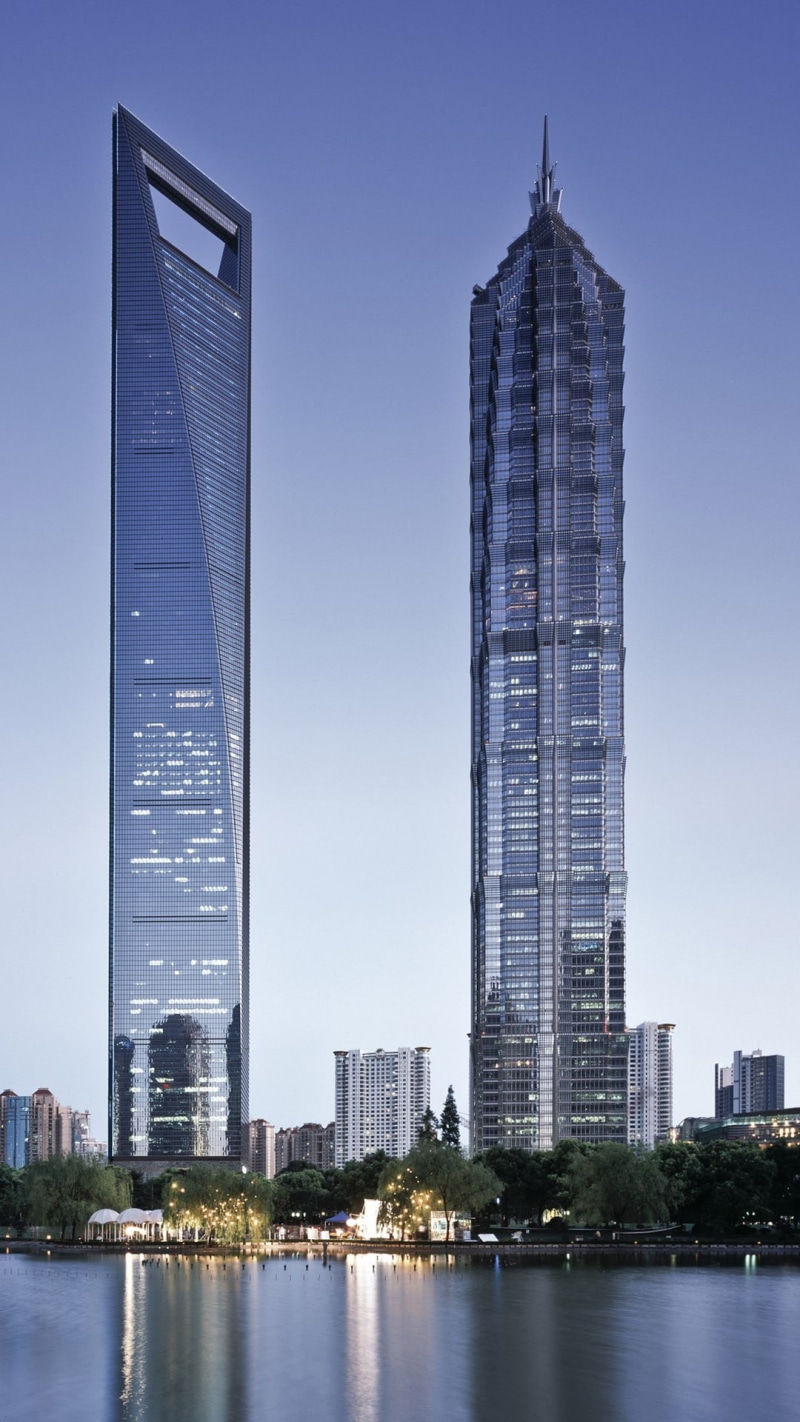 business, nature, outdoors, clear sky, 1080P, lights, trees, cityscape, building, urban skyline, trade, skyscraper, building exterior, Shanghai, reflection